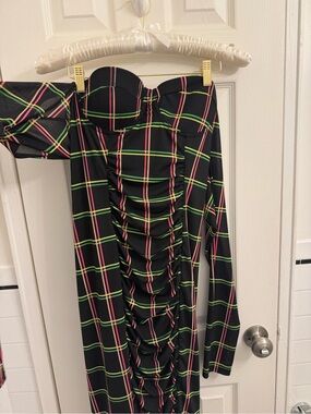 Jonathan Simkhai Black Plaid Off-Shoulder Ruched Dress